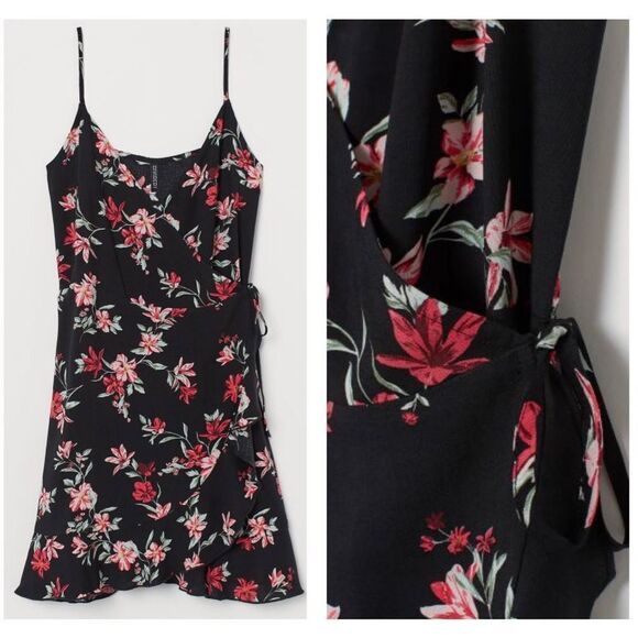 H&M Floral Wrap Summer Mini Dress Size 2 Tropical Flirty Vacation resort - Picture 1 of 10